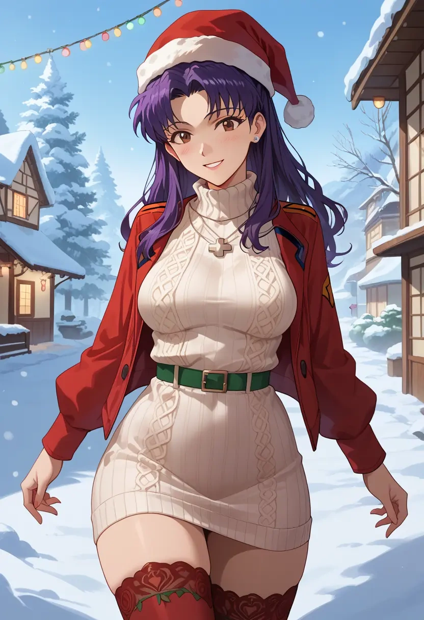 neon_genesis_evangelion,katsuragi_misato,Christmas,sweater dress,stockings  - 