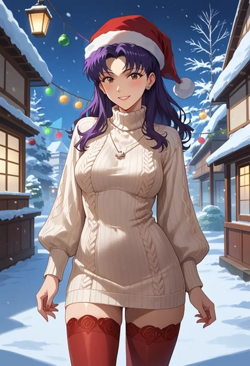 neon_genesis_evangelion,katsuragi_misato,Christmas,sweater dress,stockings  - AI generated anime art