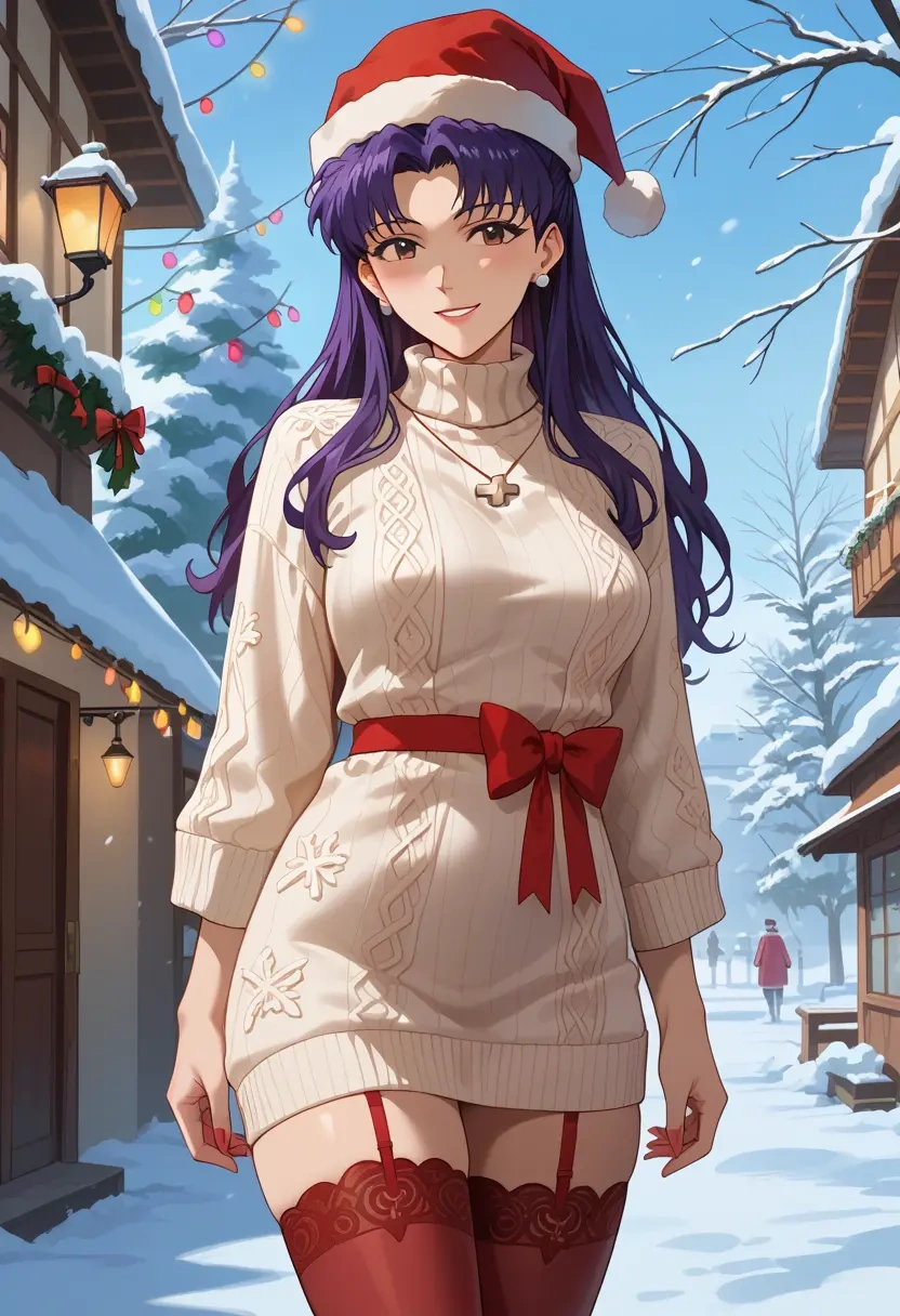 neon_genesis_evangelion,katsuragi_misato,Christmas,sweater dress,stockings  - 