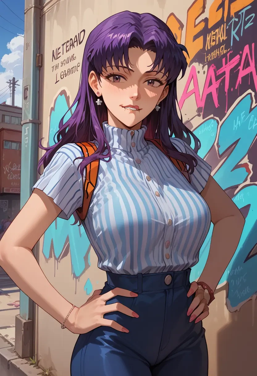 neon_genesis_evangelion,katsuragi_misato,striped graffiti blouse,dolphin shorts  - 