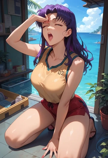 neon_genesis_evangelion,katsuragi_misato,sleeveless swim top,shorts-style bottom,contrast stitching  - AI generated anime art