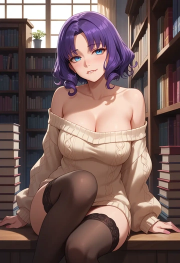 fate_(series),katsushika_hokusai_(fate),Biting lip,off-shoulder,sweater,stockings  - AI generated anime art