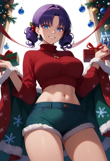 fate_(series),katsushika_hokusai_(fate),Christmas,red velvet shorts,turtleneck sweater  - AI generated anime art