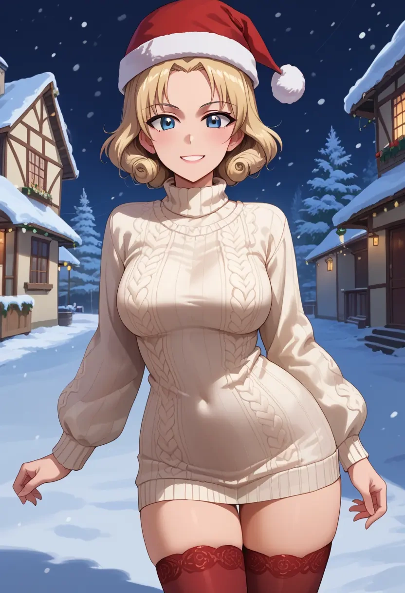 girls_und_panzer,katyusha_(girls_und_panzer),Christmas,sweater dress,stockings  - 