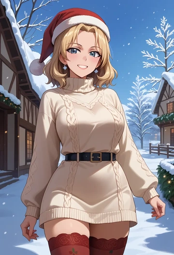 girls_und_panzer,katyusha_(girls_und_panzer),Christmas,sweater dress,stockings  - AI generated anime art