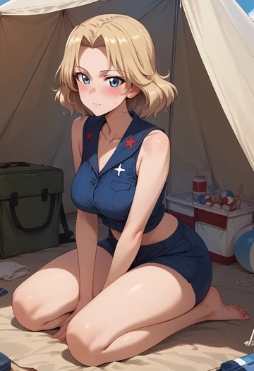 girls_und_panzer,katyusha_(girls_und_panzer),sleeveless swim top,shorts-style bottom,contrast stitching  - AI generated anime art