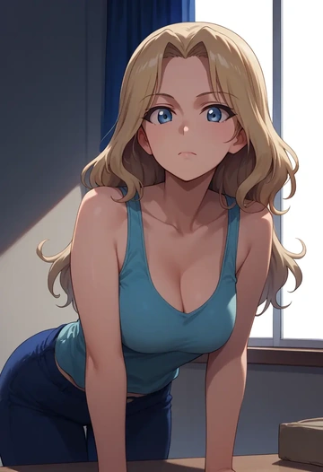 girls_und_panzer,katyusha_(girls_und_panzer),tank top,mesh,cycling shorts  - AI generated anime art