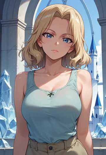 girls_und_panzer,katyusha_(girls_und_panzer),tank top,mesh,cycling shorts  - AI generated anime art