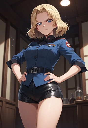 girls_und_panzer,katyusha_(girls_und_panzer),leather,shorts  - AI generated anime art