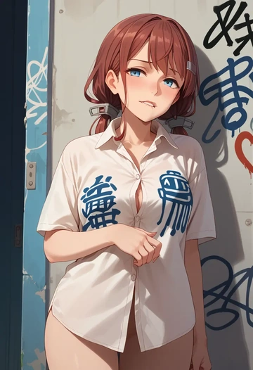 kantai_collection,kawakaze_(kancolle),oversized graffiti shirt,dolphin shorts  - AI generated anime art