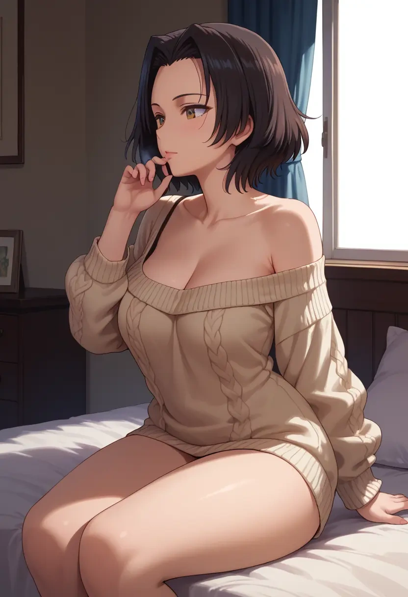 girls_und_panzer,kawashima_momo,cross-legged,Head resting on hand,off-shoulder,sweater  - 