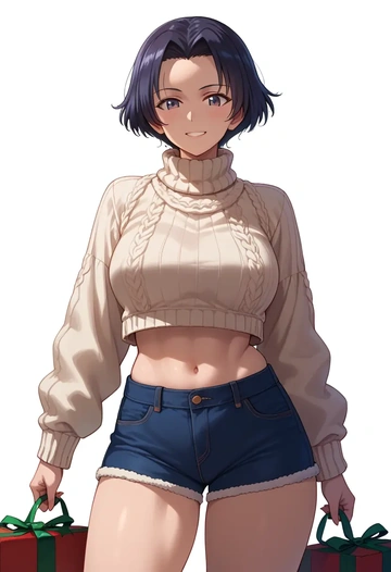 girls_und_panzer,kawashima_momo,Christmas,red velvet shorts,turtleneck sweater  - AI generated anime art