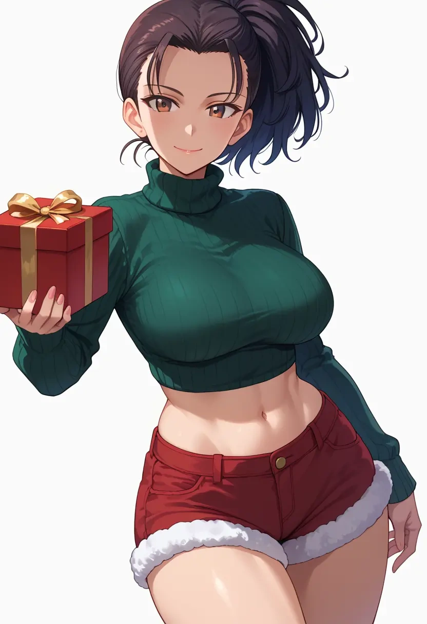 girls_und_panzer,kawashima_momo,Christmas,red velvet shorts,turtleneck sweater  - 