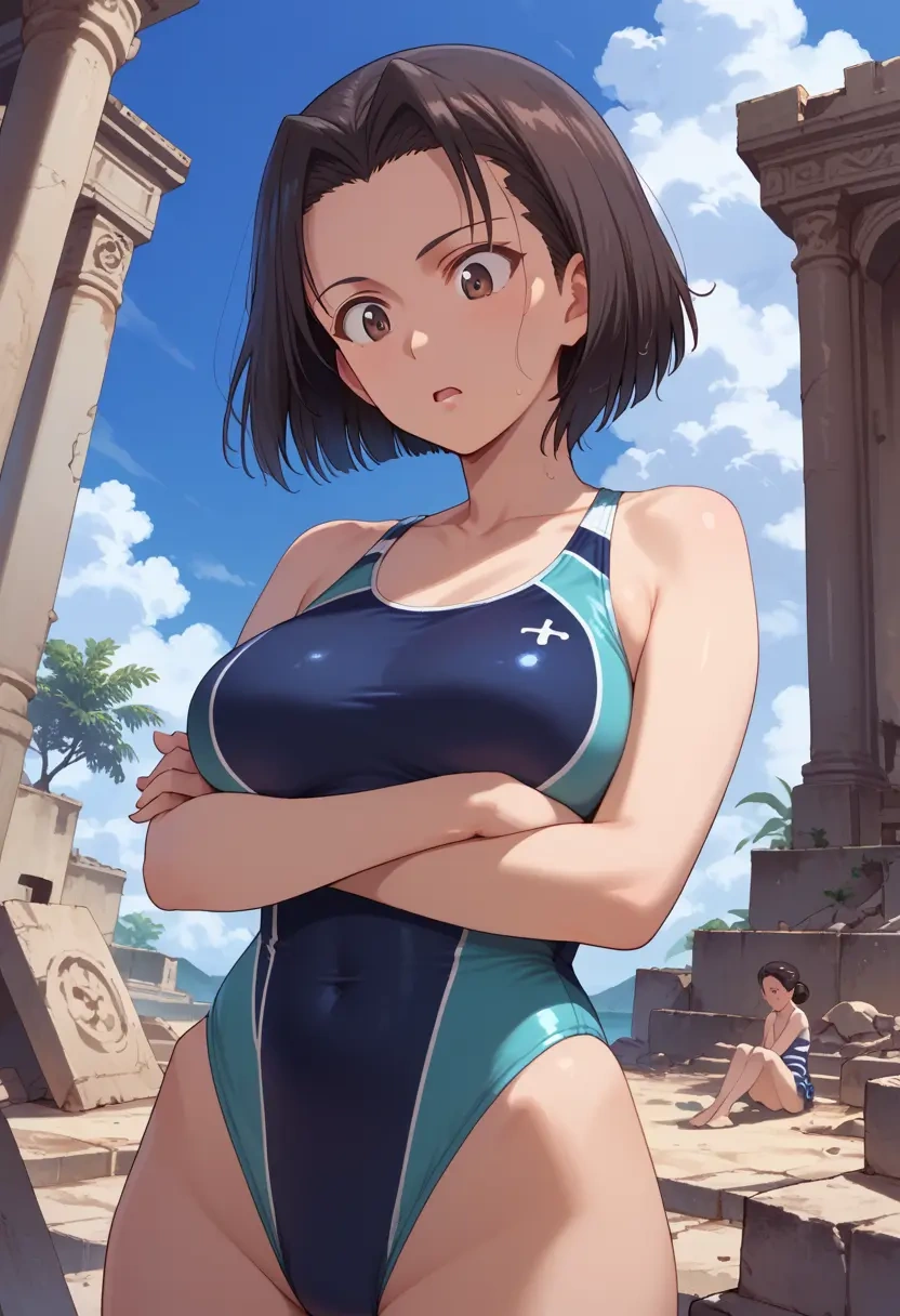 girls_und_panzer,kawashima_momo,racerback swimsuit,striped trim,name tag patch  - 