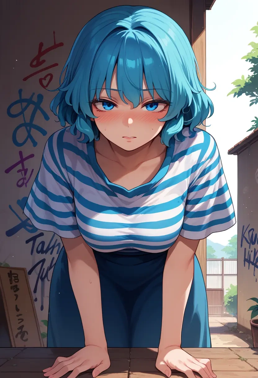 touhou,kawashiro_nitori,striped graffiti blouse,dolphin shorts  - 