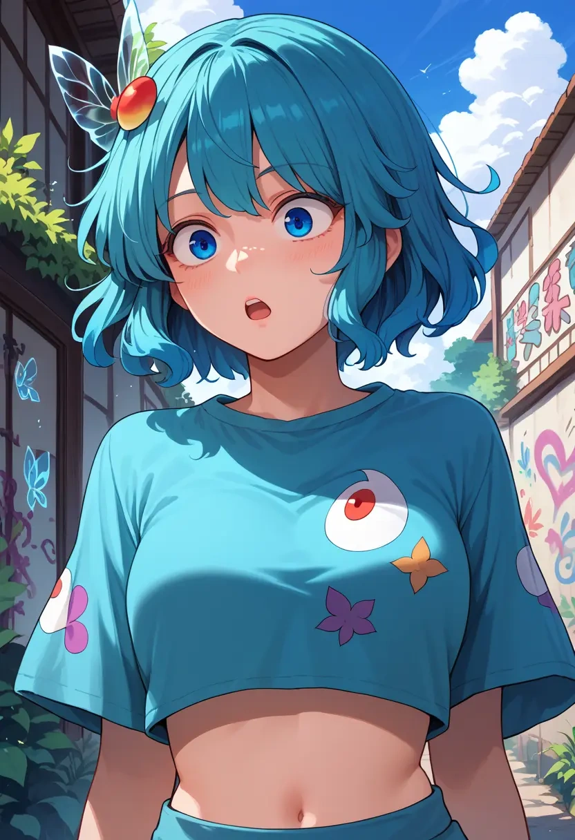 touhou,kawashiro_nitori,cropped graffiti sweatshirt,dolphin shorts  - 