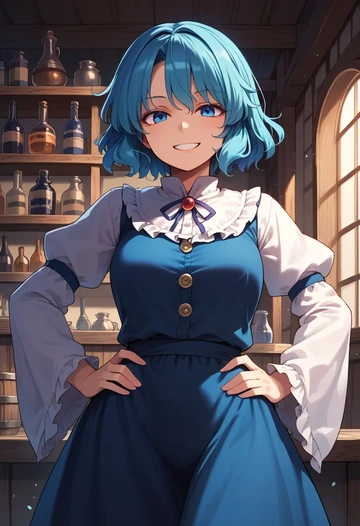 touhou,kawashiro_nitori,witch blouse,asymmetrical skirt,striped stockings  - AI generated anime art