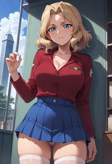 girls_und_panzer,kay_(girls_und_panzer),mini skirt,stockings  - AI generated anime art