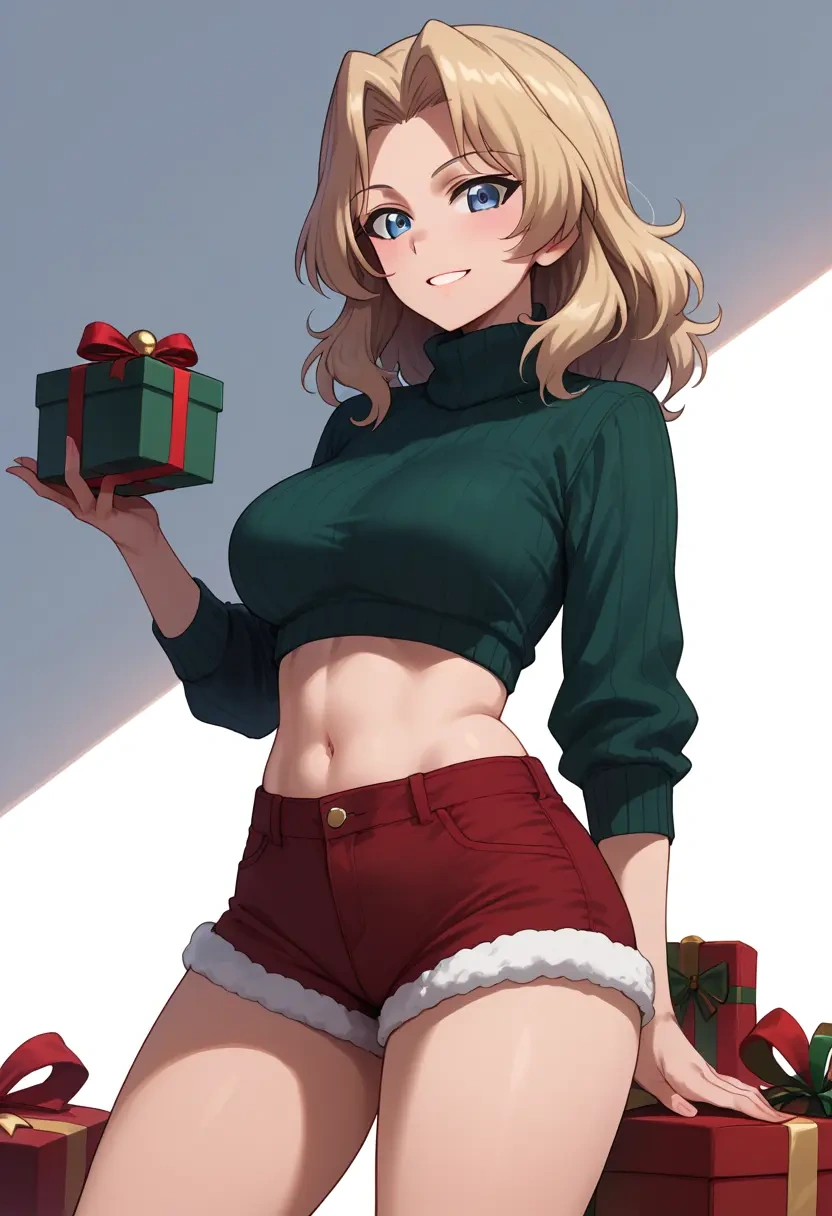 girls_und_panzer,kay_(girls_und_panzer),Christmas,red velvet shorts,turtleneck sweater  - 