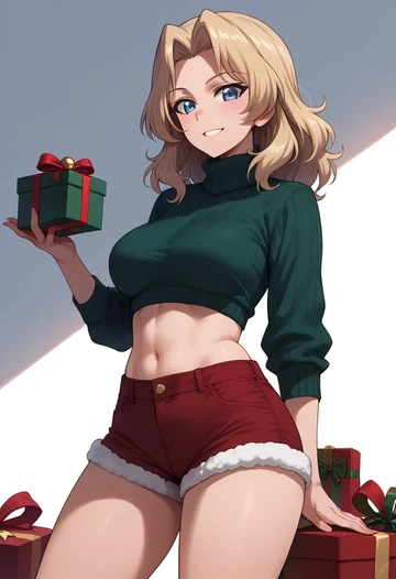 girls_und_panzer,kay_(girls_und_panzer),Christmas,red velvet shorts,turtleneck sweater  - AI generated anime art