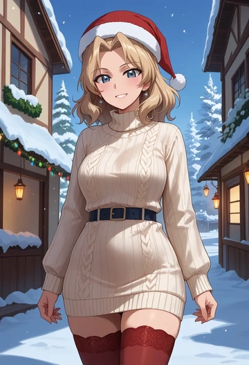 girls_und_panzer,kay_(girls_und_panzer),Christmas,sweater dress,stockings  - AI generated anime art