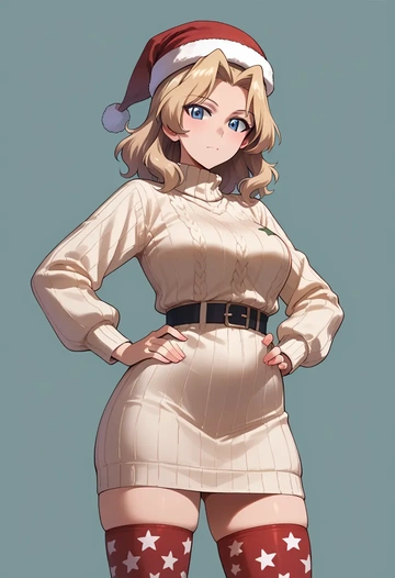 girls_und_panzer,kay_(girls_und_panzer),Christmas,sweater dress,stockings  - AI generated anime art