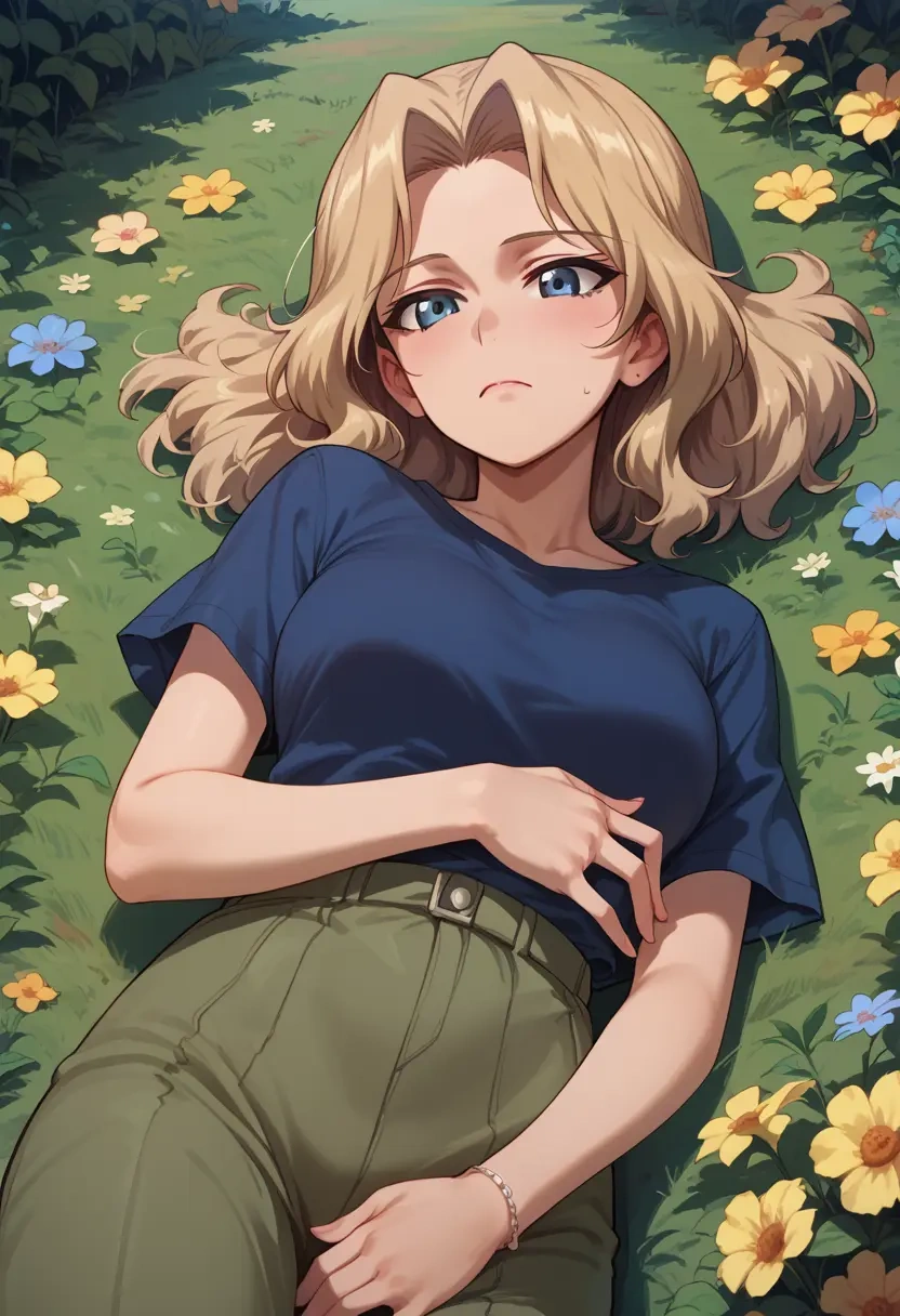 girls_und_panzer,kay_(girls_und_panzer),crop graffiti tee,dolphin shorts  - 