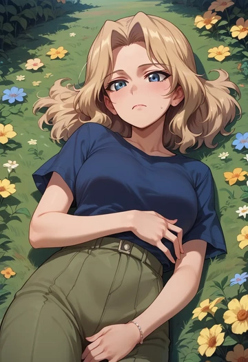 girls_und_panzer,kay_(girls_und_panzer),crop graffiti tee,dolphin shorts  - AI generated anime art