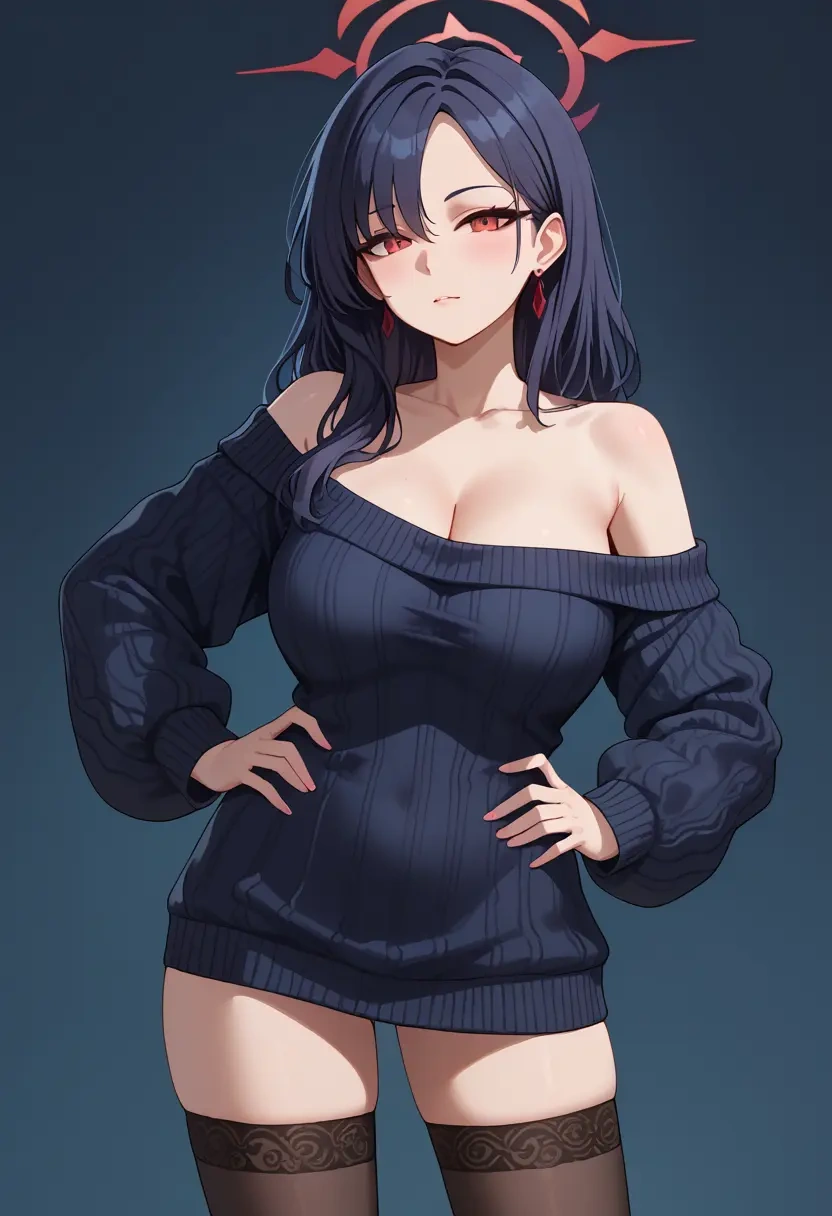 blue_archive,kayoko_(blue_archive),Hands on hips,off-shoulder,sweater,stockings  - 