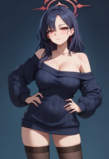 blue_archive,kayoko_(blue_archive),Hands on hips,off-shoulder,sweater,stockings  - AI generated anime art