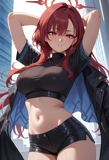 blue_archive,kayoko_(blue_archive),leather,shorts,crop top  - AI generated anime art