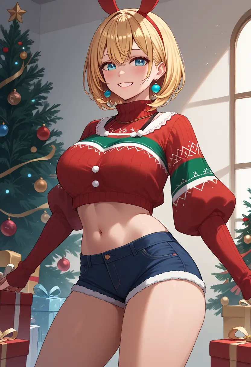 hololive,kazama_iroha_(1st_costume),Christmas,red velvet shorts,turtleneck sweater  - 