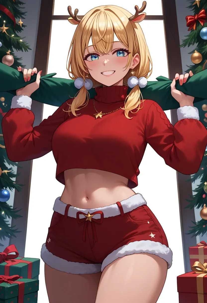 hololive,kazama_iroha_(1st_costume),Christmas,red velvet shorts,turtleneck sweater  - 