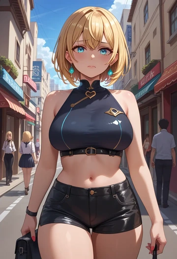 hololive,kazama_iroha_(1st_costume),leather,shorts,crop top  - AI generated anime art