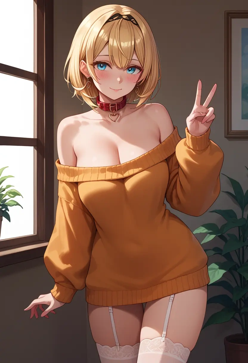 hololive,kazama_iroha,blushing,collar,off-shoulder,sweater,stockings  - 