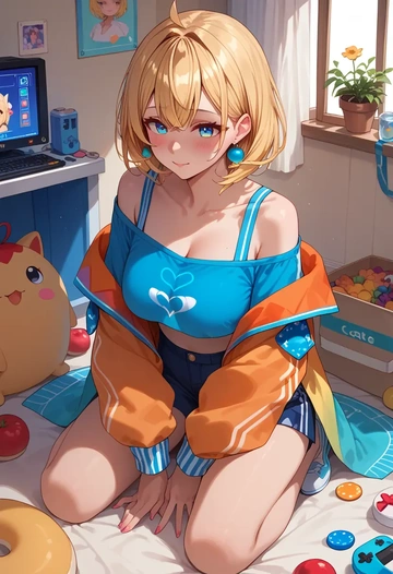 hololive,kazama_iroha,off-shoulder top,dolphin shorts  - AI generated anime art