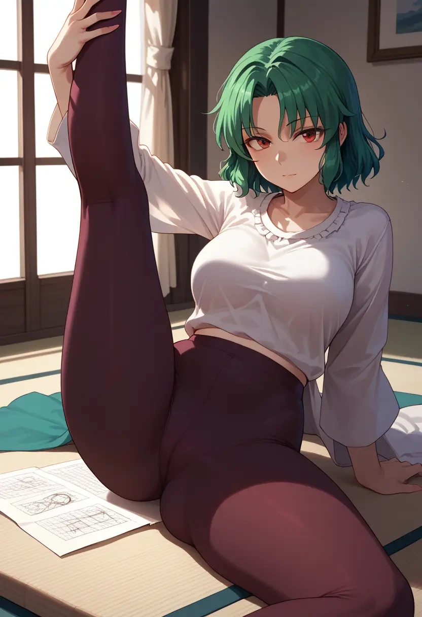 touhou,kazami_yuuka,yoga, leggings,spread legs,one leg up,sexy  - 