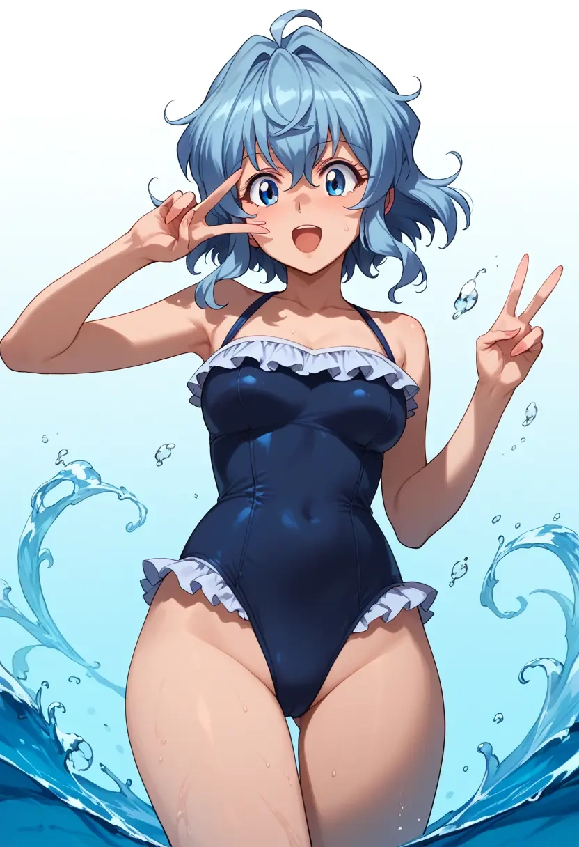 senki_zesshou_symphogear,kazanari_tsubasa,retro style swimsuit,frilled neckline,bow detail  - 