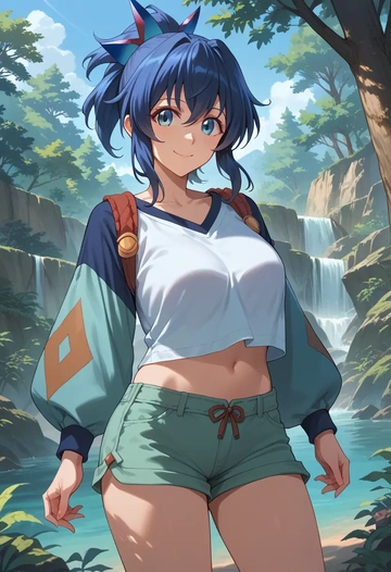 senki_zesshou_symphogear,kazanari_tsubasa,graphic tee,shorts,sneakers  - AI generated anime art