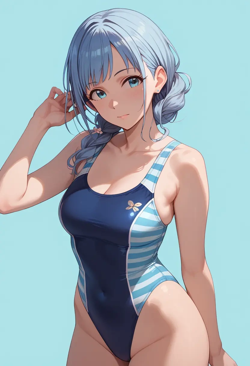 idolmaster,kazano_hiori,racerback swimsuit,striped trim,name tag patch  - 