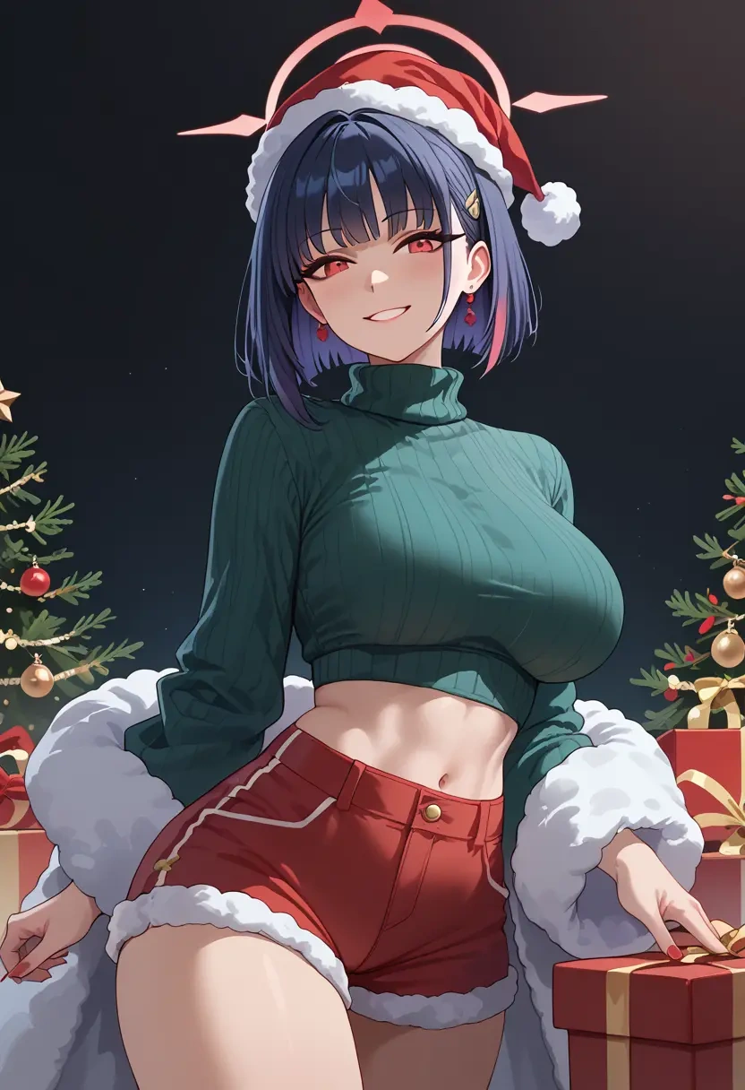 blue_archive,kazusa_(blue_archive),Christmas,red velvet shorts,turtleneck sweater  - 