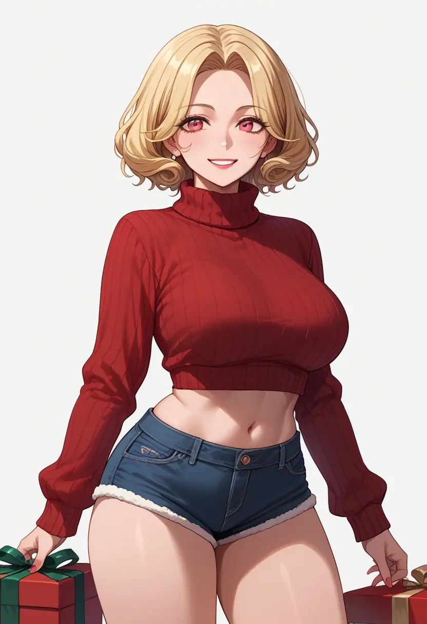 original,kemomimi-chan_(naga_u),Christmas,red velvet shorts,turtleneck sweater  - 