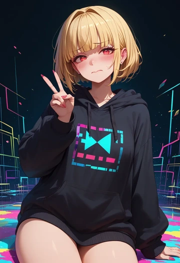 original,kemomimi-chan_(naga_u),oversized graphic hoodie,thigh-high socks,shorts  - AI generated anime art