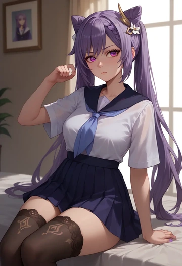 genshin impact,keqing_(genshin_impact),jk uniform, stockings  - AI generated anime art