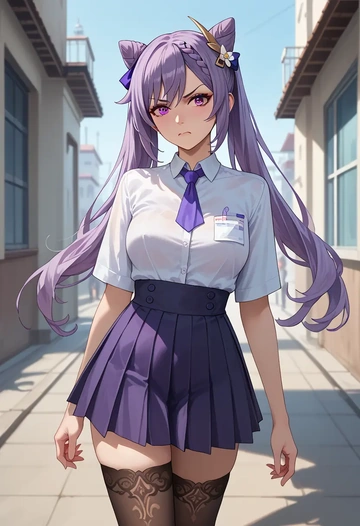 genshin impact,keqing_(genshin_impact),jk uniform, stockings  - AI generated anime art