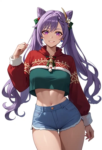 genshin impact,keqing_(genshin_impact),Christmas,red velvet shorts  - AI generated anime art