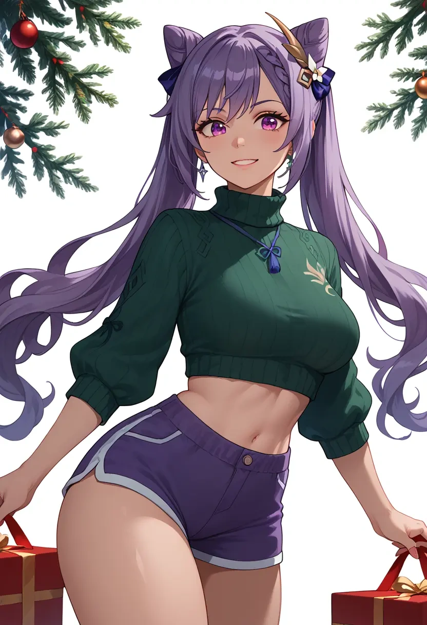 genshin impact,keqing_(genshin_impact),Christmas,red velvet shorts,turtleneck sweater  - 