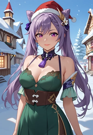 genshin impact,keqing_(genshin_impact),Christmas,dress  - AI generated anime art