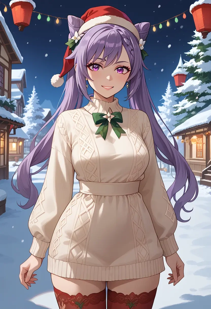 genshin impact,keqing_(genshin_impact),Christmas,sweater dress,stockings  - 