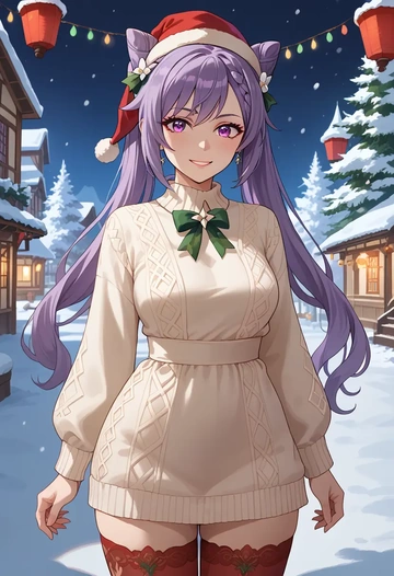 genshin impact,keqing_(genshin_impact),Christmas,sweater dress,stockings  - AI generated anime art